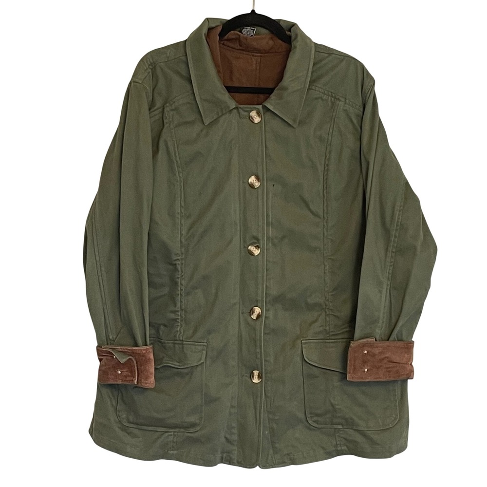 Denim & Co Olive Green Barn Jacket Leather‎ Trim Quilted Lining XL Chore Coat